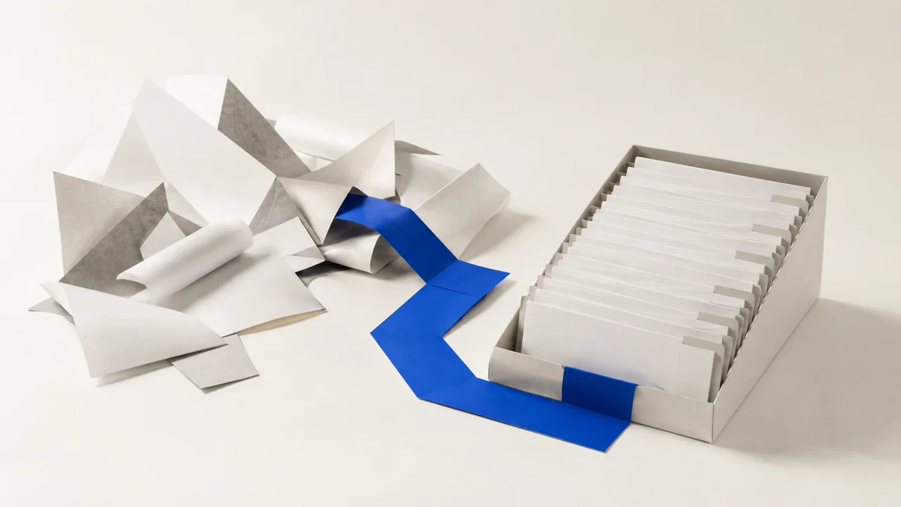 Ungeordnete Papierformen werden über einen blauen Weg zu einer klaren Nachweisablage.